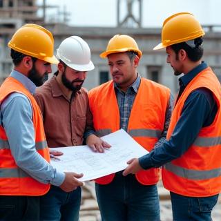 Construction experts team discussing at jobsite