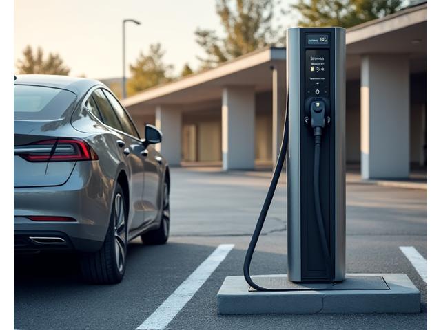 Modern charging point beside Electric Vehicle in parking lot